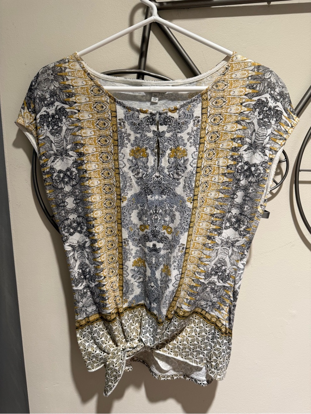 Lucky Brand Paisley Cap Sleeve Tie Front Top Gray Yellow White Women's Small S